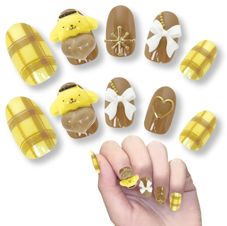 Sanrio Pompom Purin 3D Press On Nails Set Yellow Plaid Japan Official NEW