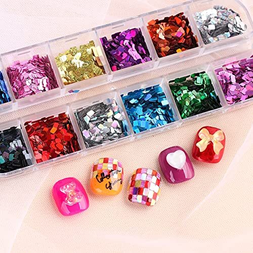 Holographic Nail Glitter Flakes, 12 Colors Rectangle Sparkly Nail Square