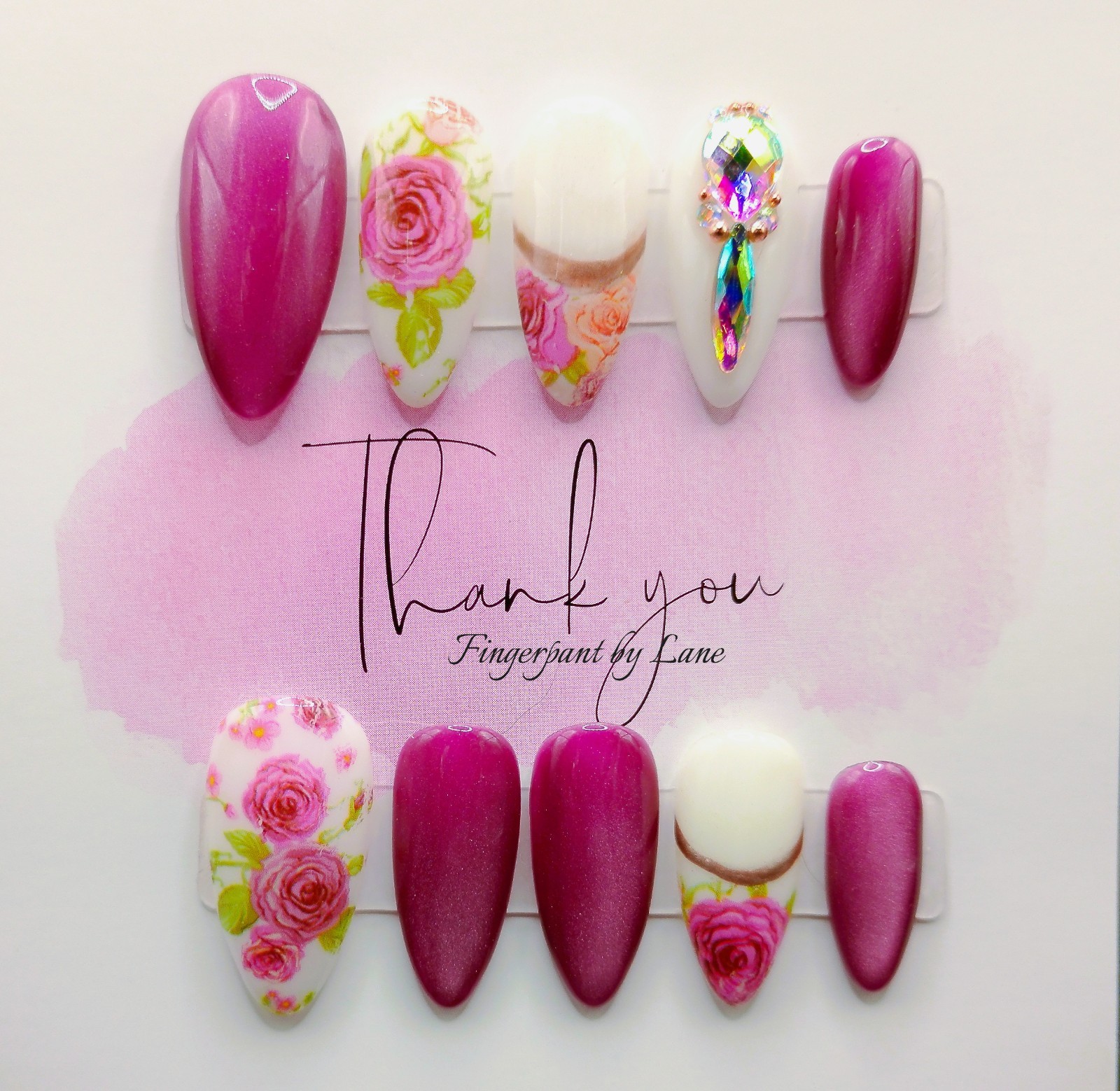 Dark Rose and White Almond Press On Nails – Medium Size