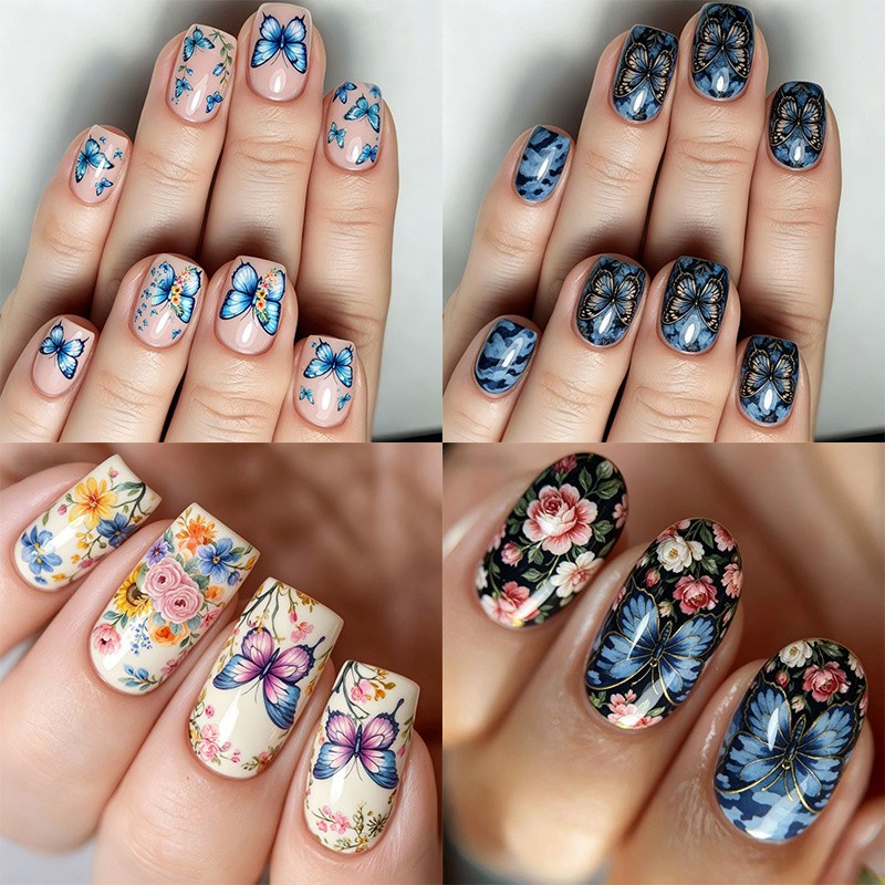 96Pcs Medium Rectangle Nails, Retro Blue Tone, Flower & Butterfly Pattern