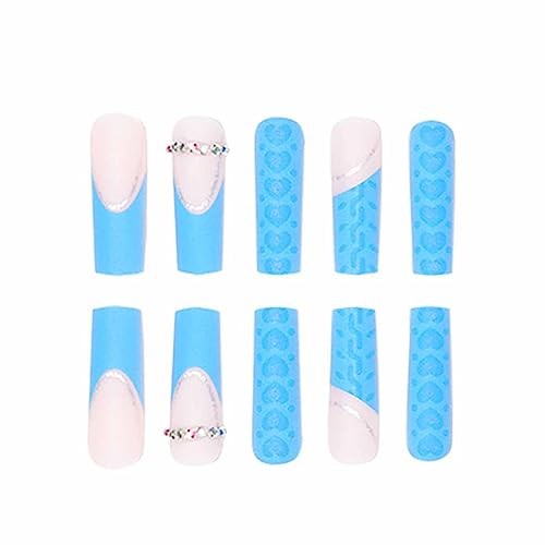 Blue Press on Nails Extra Long, Acrylic Fake Nails French Gorgeous Nails 1