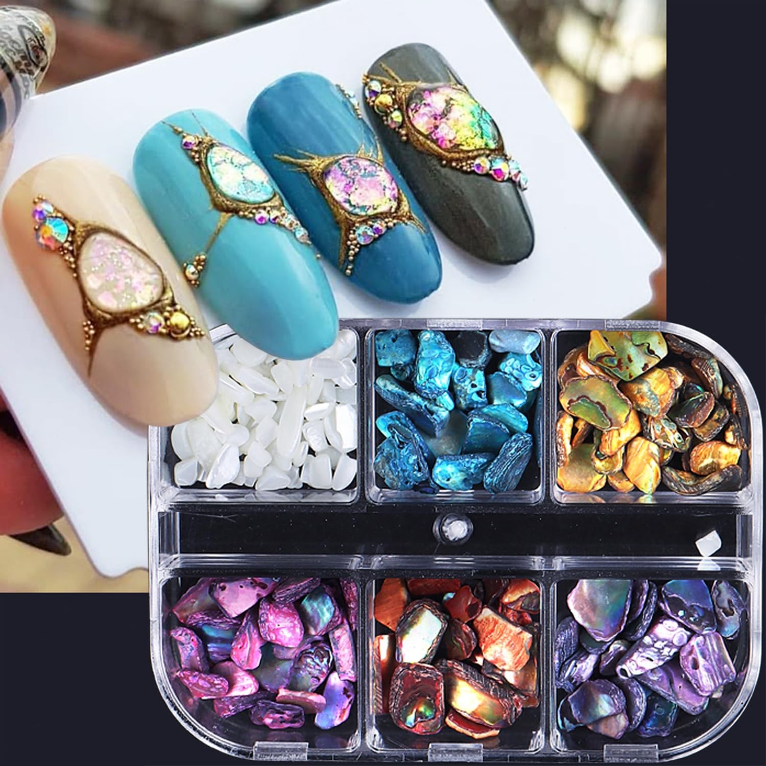 6 Grids Colorful Abalone Shell Stone Nail Gems and Charms 3D Irregular Stone …