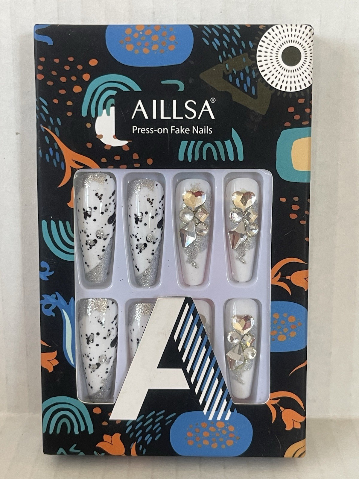 AILLSA Press On Nails White Black Speckled Silver Glitter Rhinestone 24pc NEW