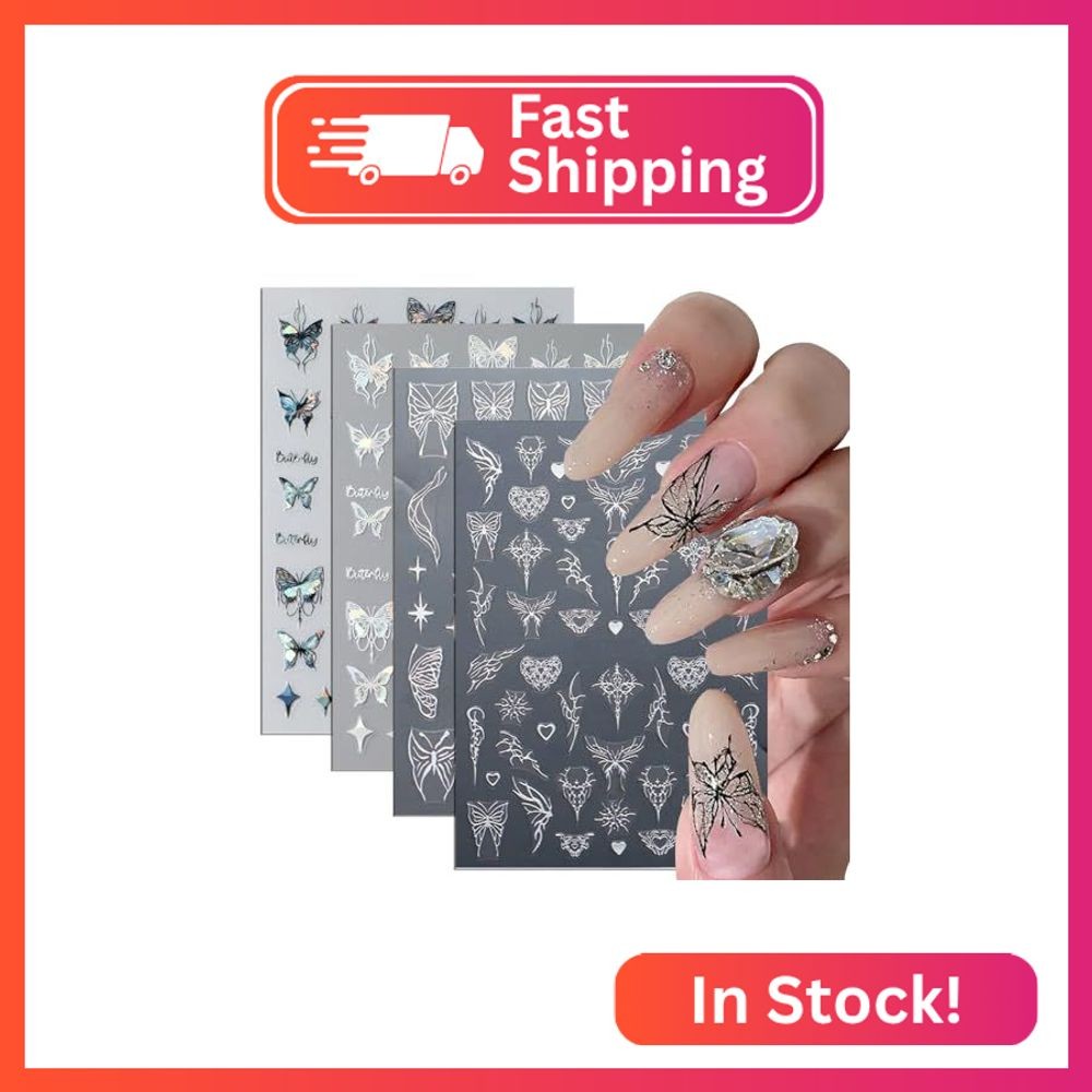 8pcs Laser Black Butterfly Nail Stickers for Women 3D Aurora Butterfly Nail Deca