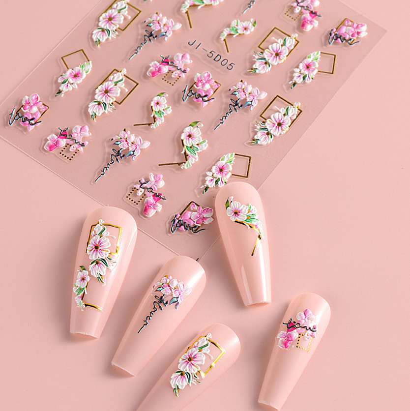 5D Nail Art Stickers Tulip Camellia Flowers Daisy Heart Decals Self-Adhesive DIY