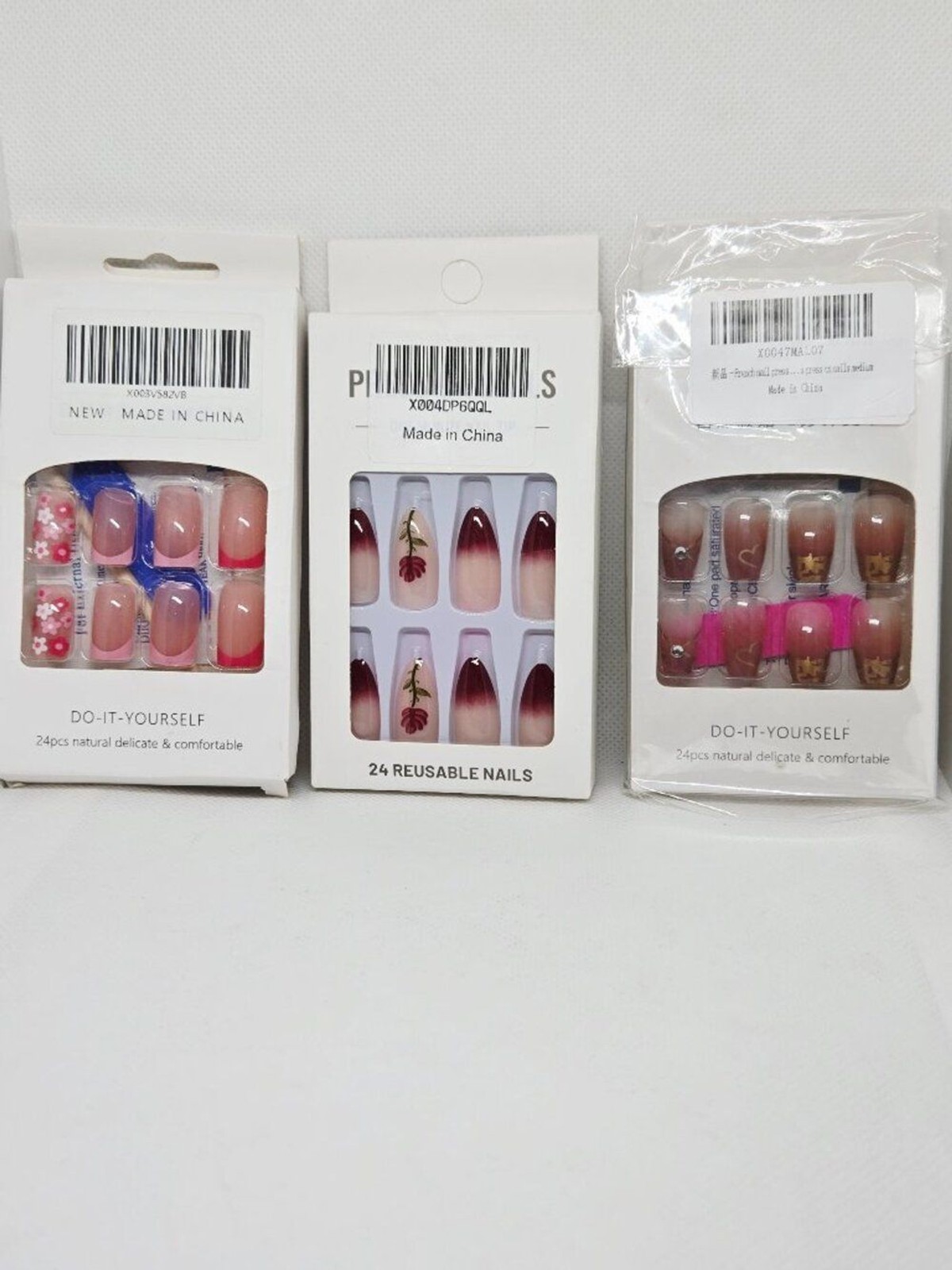 3 BOXES NATURAL PRESS ON NAILS PINK ROSE, PINK FLORAL & FRENCH NIB 72 TOTAL