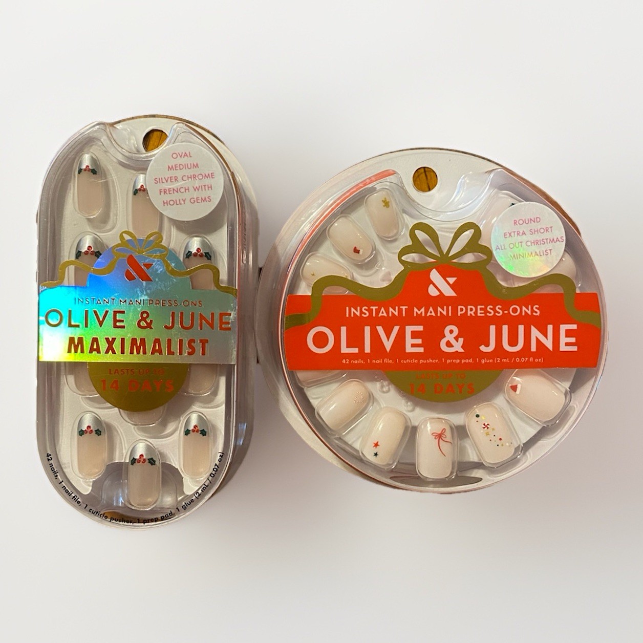 2 pk Olive & June Press-On Nails Christmas Short Oval Round French Holly Holiday