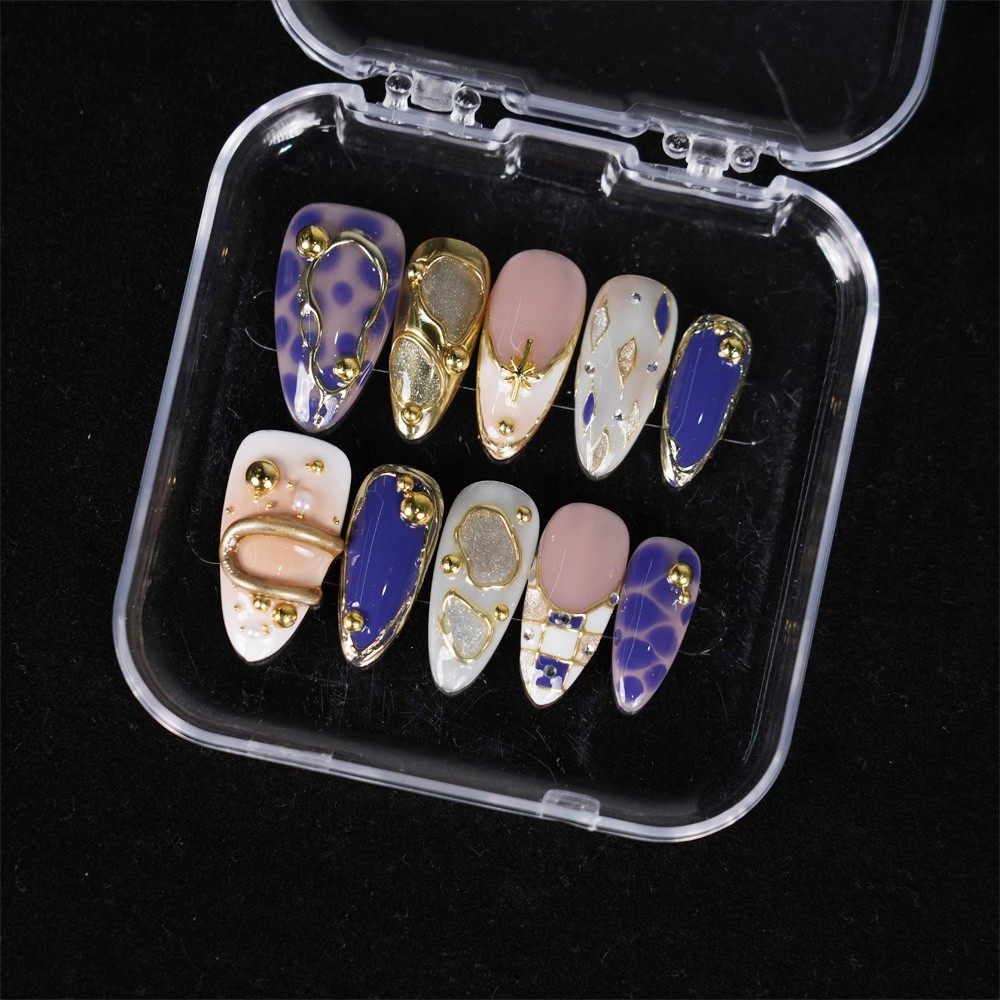10pcs-Press on Nails Metallic 3D Luxury Almond Nail Set Reusable Handmade Short