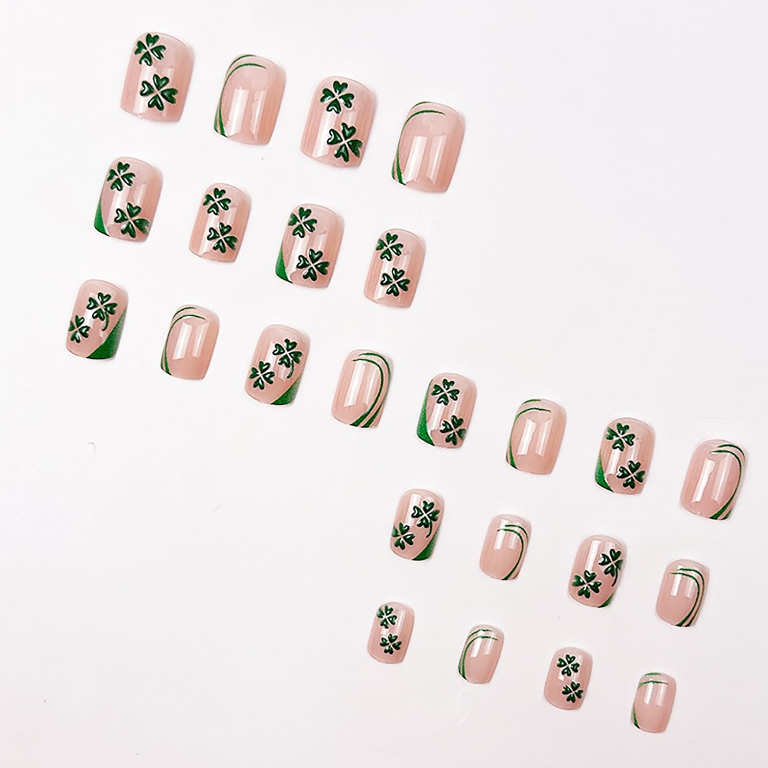 Green Shamrock Fake Nails Short Square Press On Nails French St. Patrick’s Da…