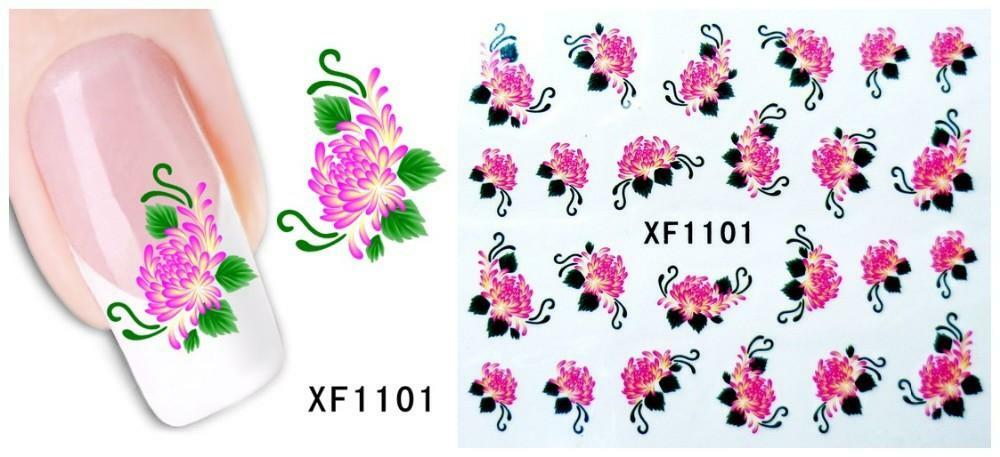 Nail Art Water Transfer Sticker Decal Stickers Pretty Flowers Green Pink XF1101