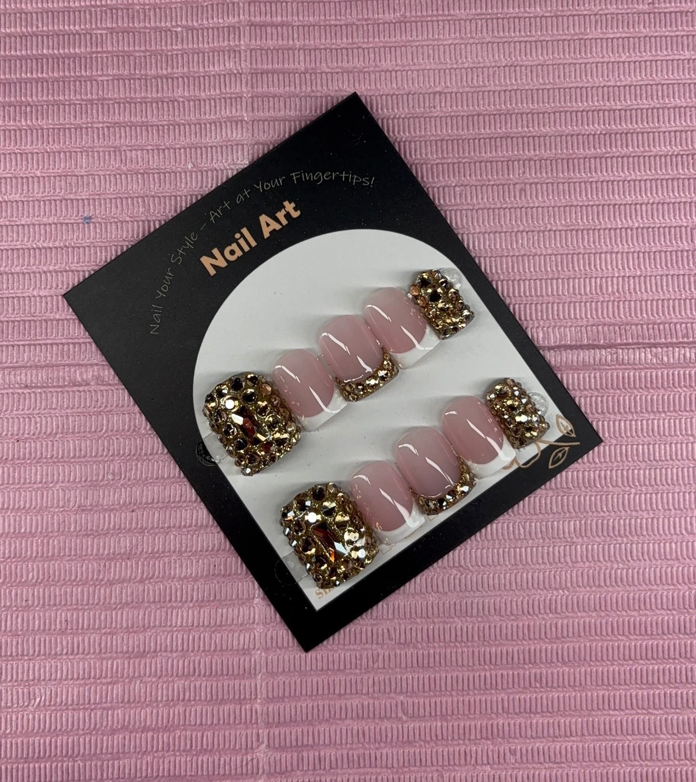 Extra Short square press on nails gold rhinestones white