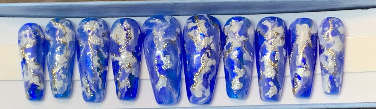 Medium Length Coffin Press On Nails Size Large 0,4,3,5,7 Layered Blues