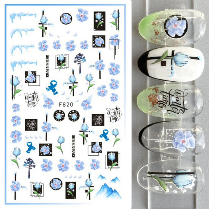3D Nail Stickers Gel Polish Art Blue Geometric Lines Flower Leaves Slider NH21