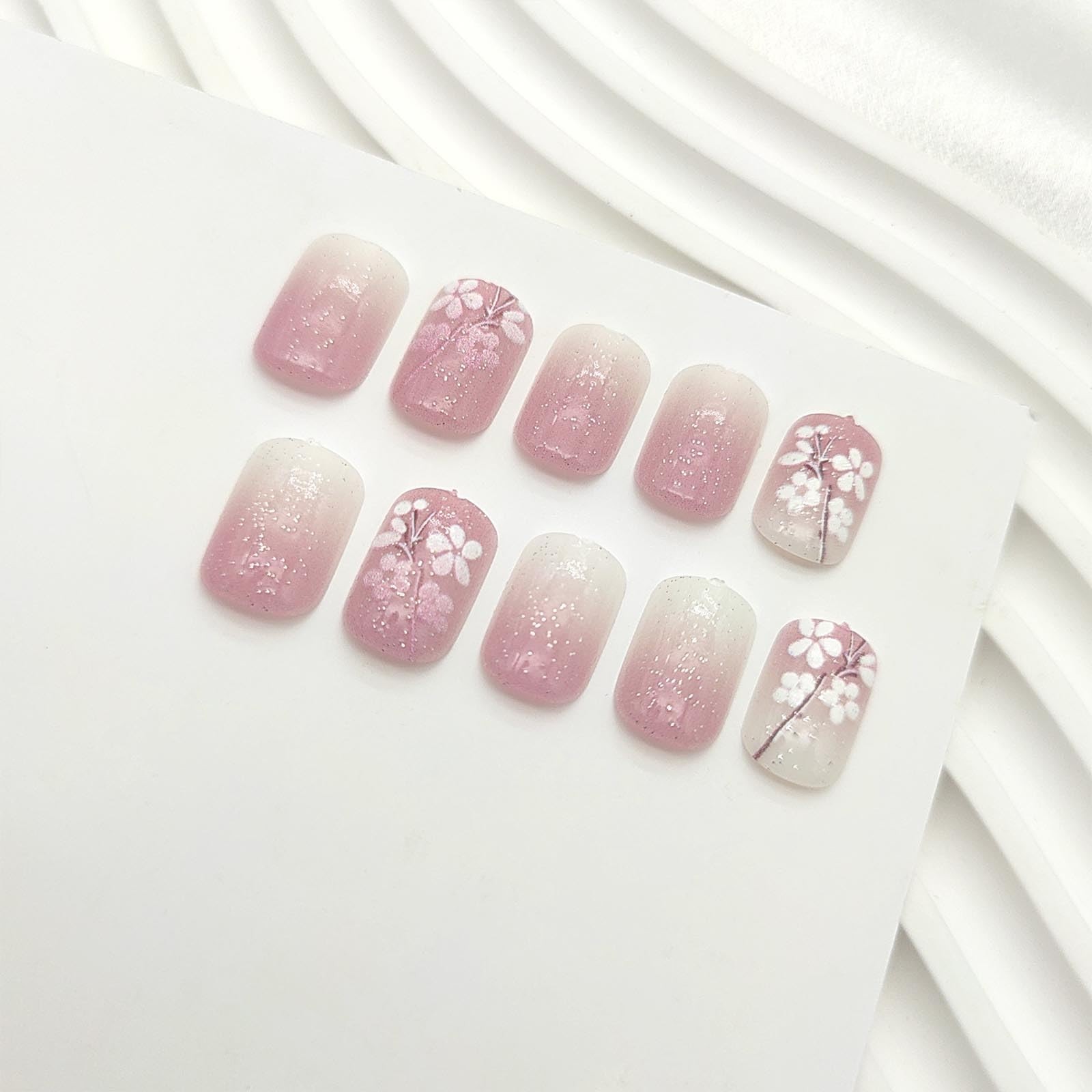 Gradient Press on Nails Short Square Fake Nails with Glitter Ombre Flower Flo…