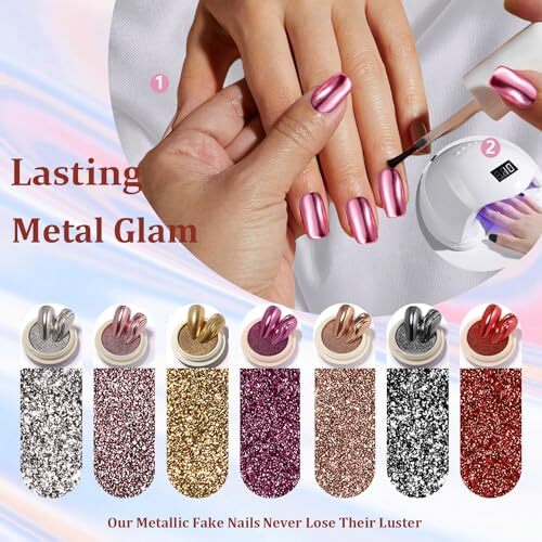 Chrome Square Press on Nails Short Medium, Metallic Fake Nails Coconut Pink