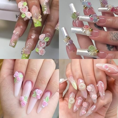 600pcs 3D Camellias Flower Nail Charms Nail Rhinestones with Pearls Rose Flower