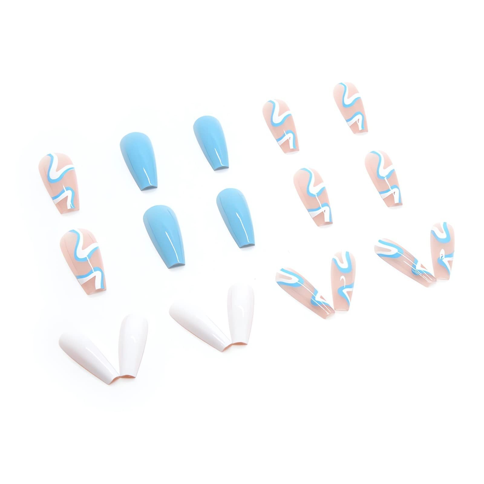 Y2K Blue Swirl White Contrast Long Coffin Press On Nails