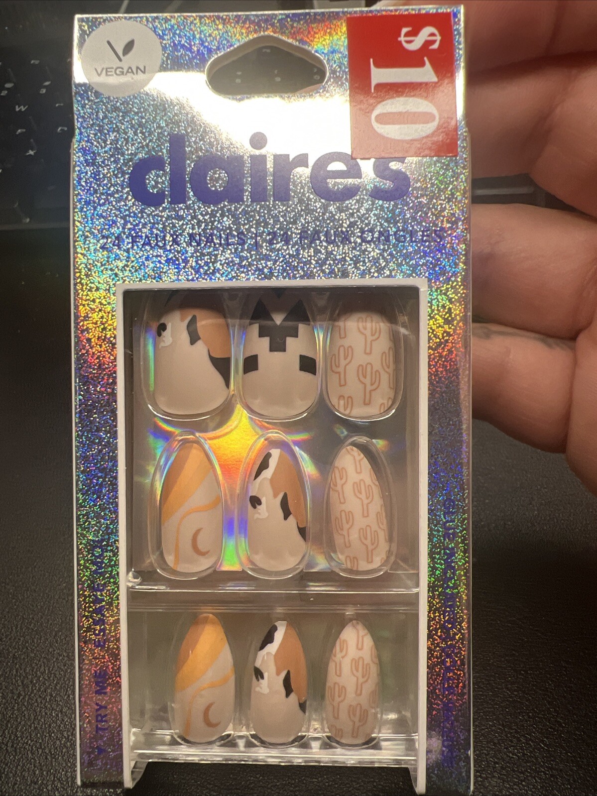 24pc Claire’s Fake False Press On Beige Western Medium Almond Cactus Moon Nails