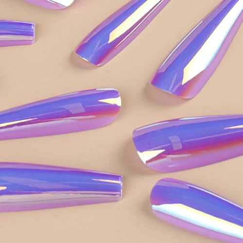 Chrome Press on Nails Purple Fluorescent Coffin False Nails Laser Chrome-13