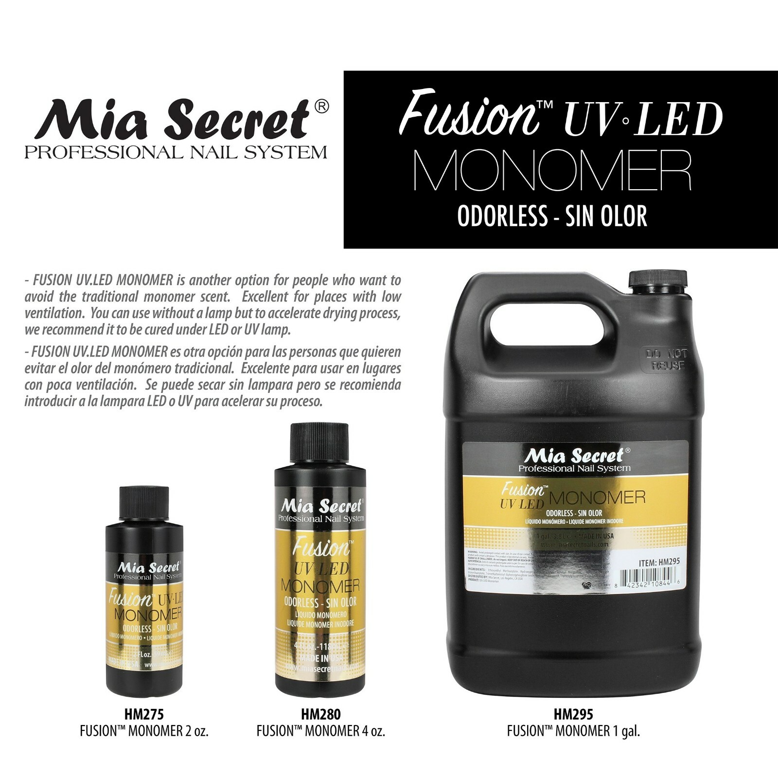 Mia Secret ODORLESS FUSION UV LED MONOMER 2oz / 4oz / 32oz Pick Yours