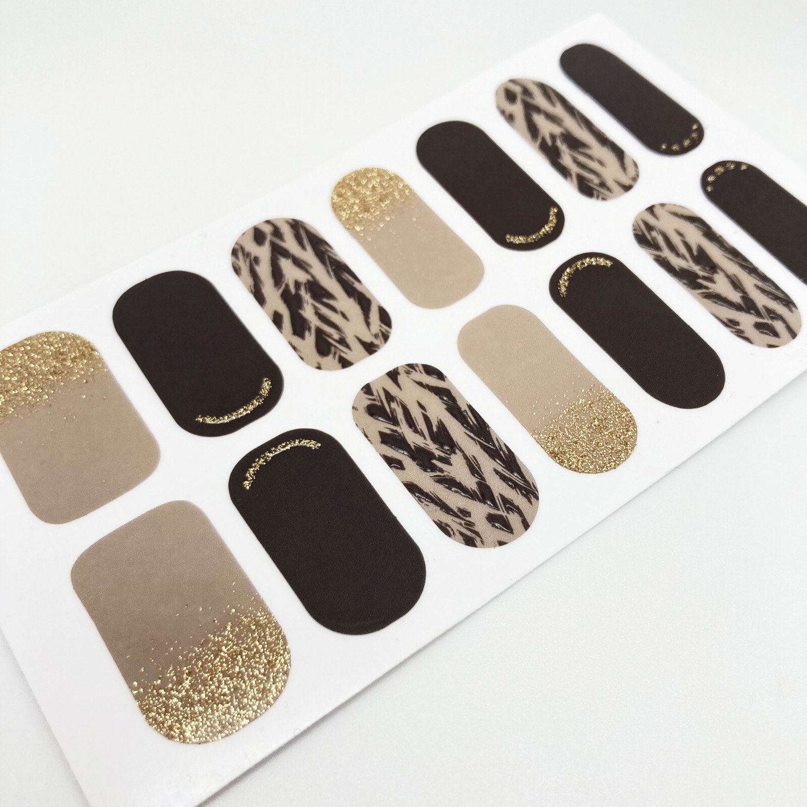 Beige and Black Animal Print Nail Stickers With Gold Glitter, Home Manicure