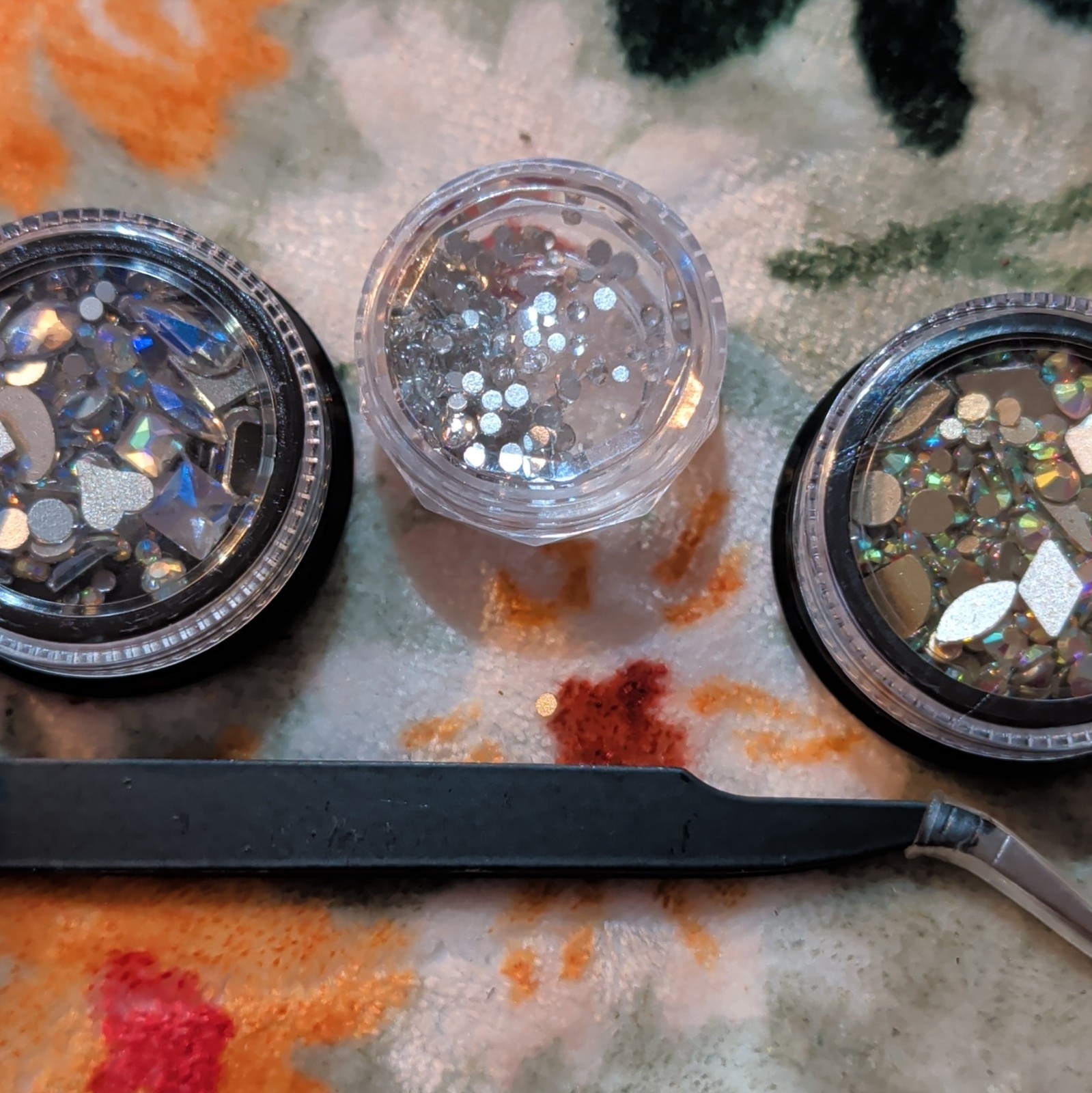 Lot of 3 Nail Glitter Nail Art Sequin Mix Jars w/ Metal Picker Tool