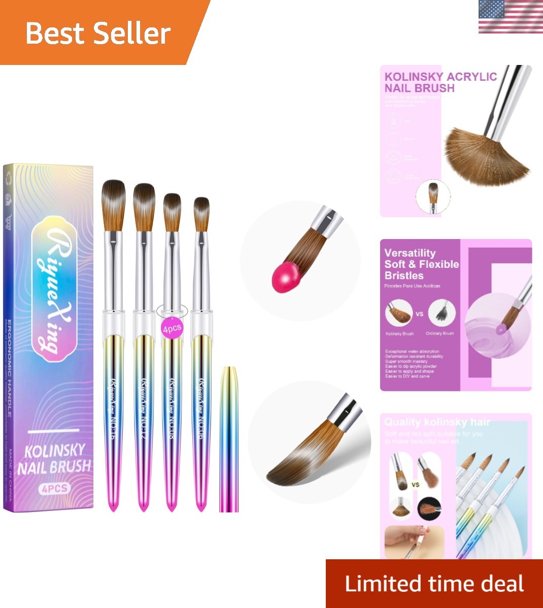 4PCS Acrylic Nail Brush Set, 6/8/12/16. Kolinsky Nail Art Brushes for Applicatio