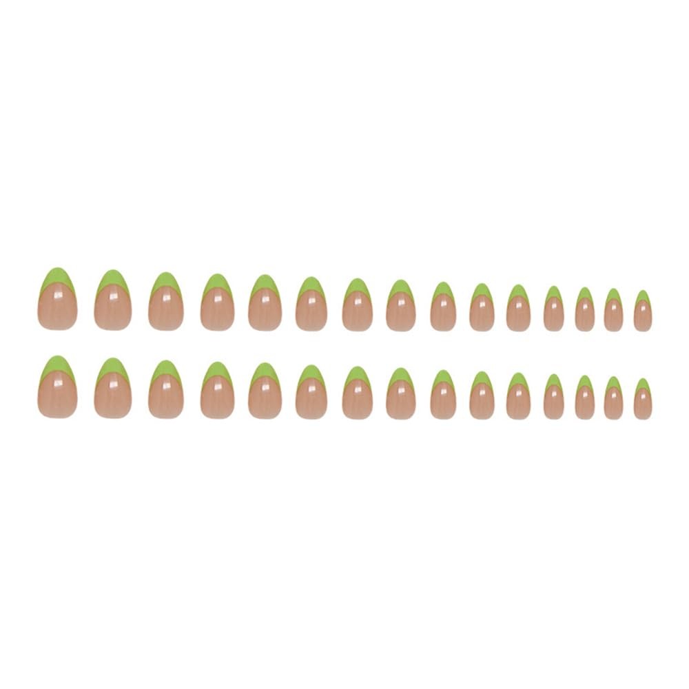 Green French Tip Press on Nails Short Almond Nude Fake Nails Press ons Artifi…