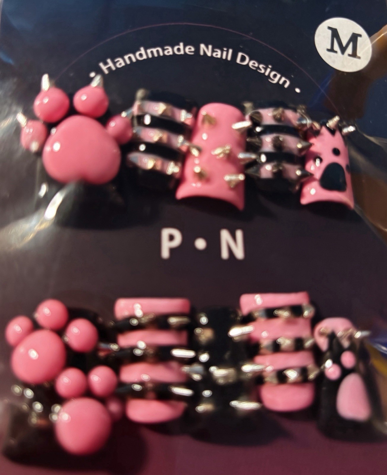 Handmade Pink/Black 3D Press-On Nails Medium Coffin Paw Print Pre-Designed