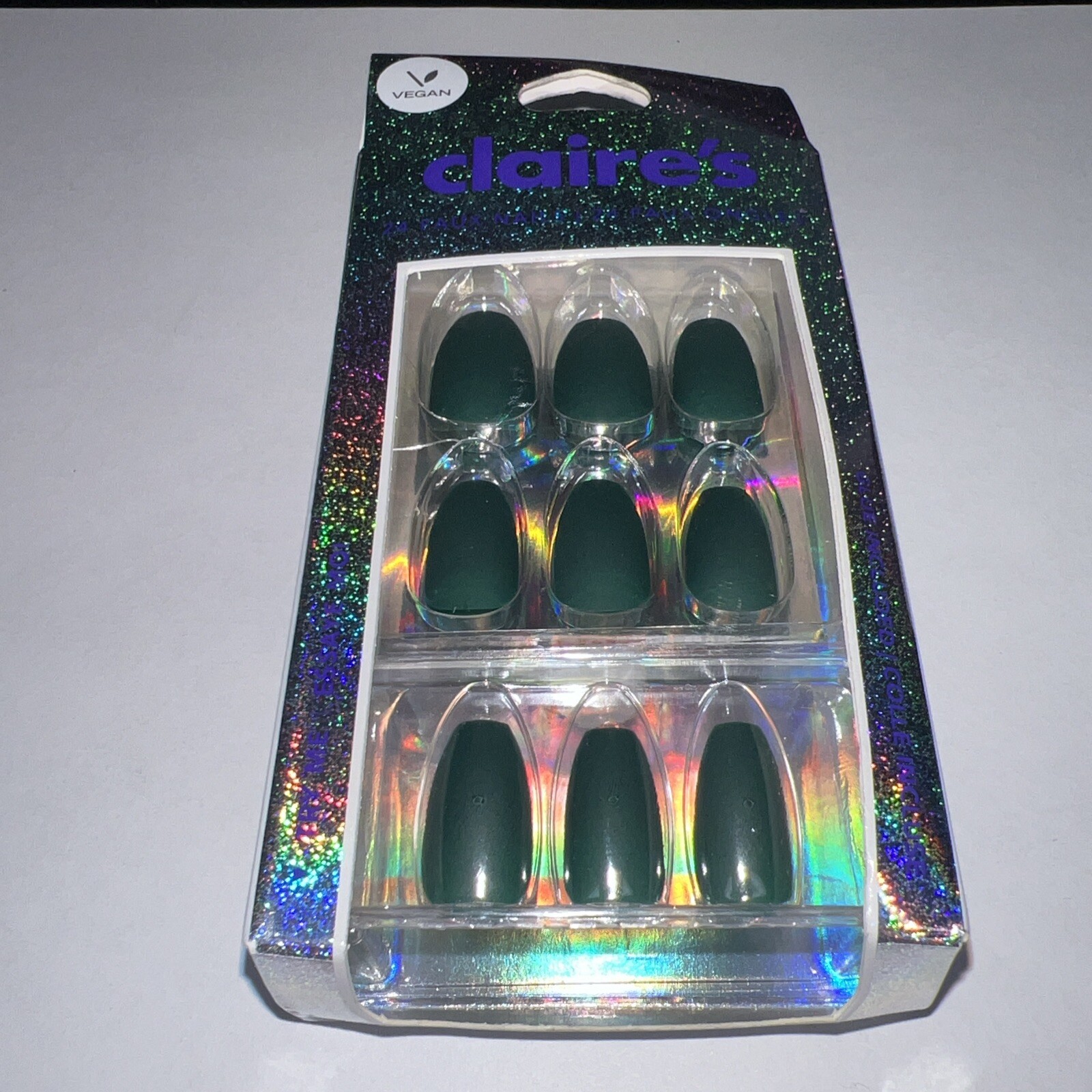 24pc Claire’s Fake False Press On Nails Glue On Vegan Green Matte Coffin