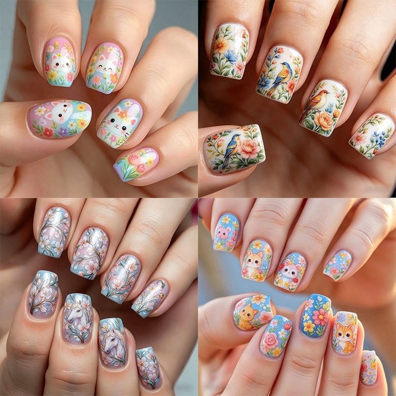 96Pcs Short Square Nails, Cute Cat Unicorn, Flower & Bird Hand Painting