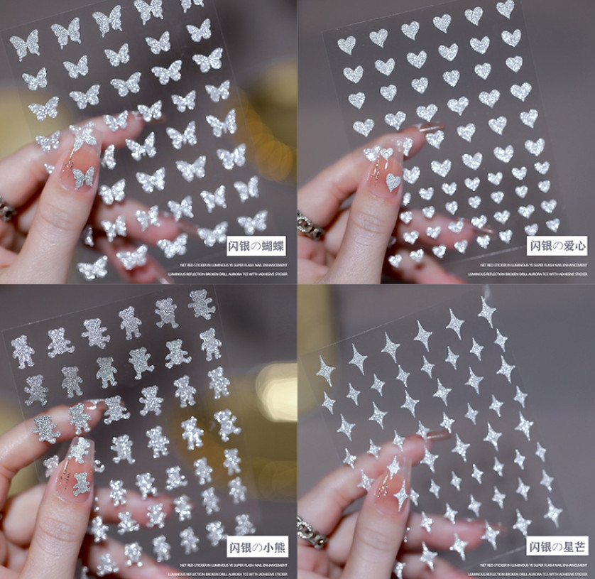 White Glitter Nail Stickers Heart Star Butterfly Bear Flame Transfer Decal NS53