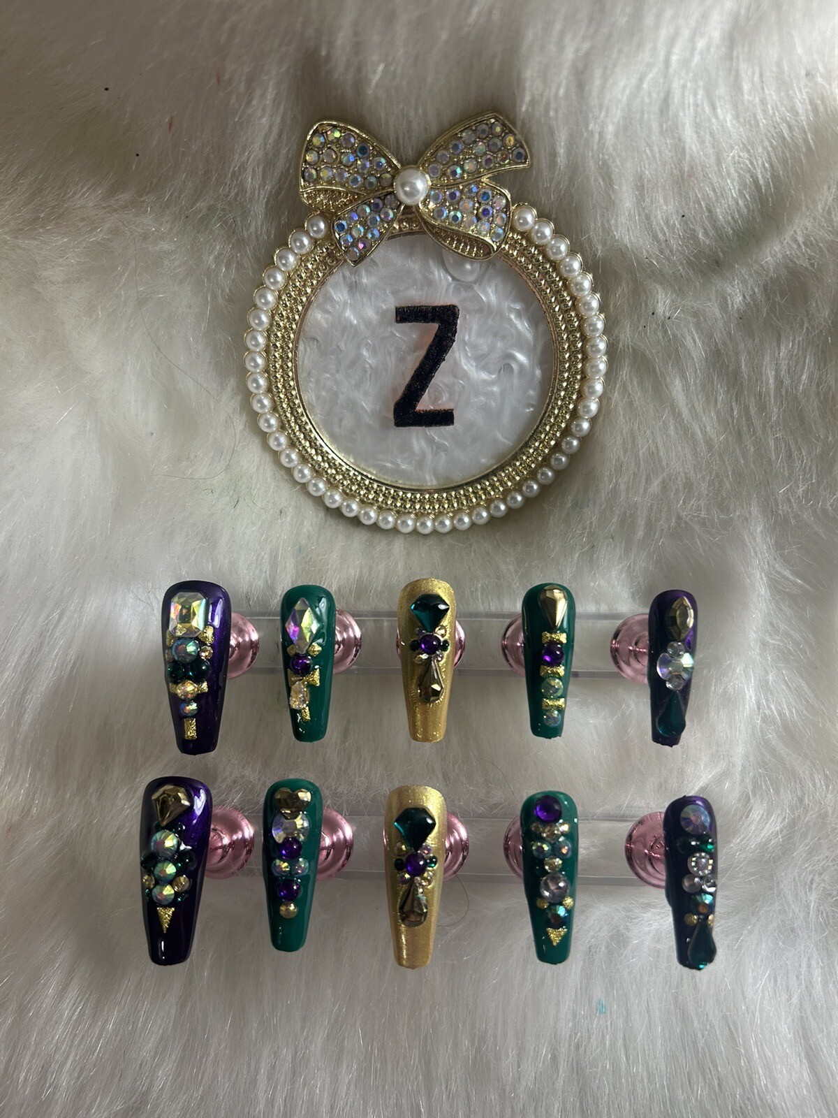 Z NAILZ! Gorgeous Set Of L Ballerina Mardi Gras Heavily Jeweled Press On Nails