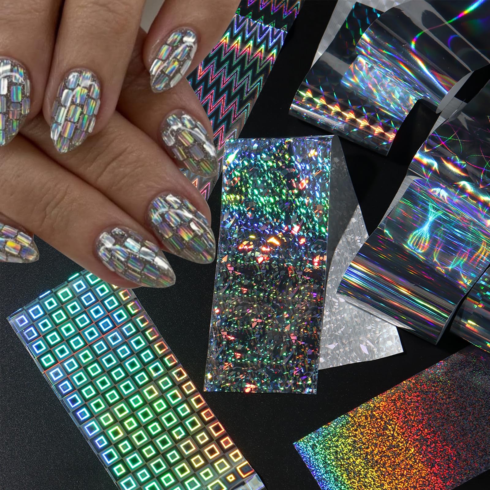 10 Sheets Holographic Nail Art Foil Transfer Stickers, Iridescent Laser Nail …