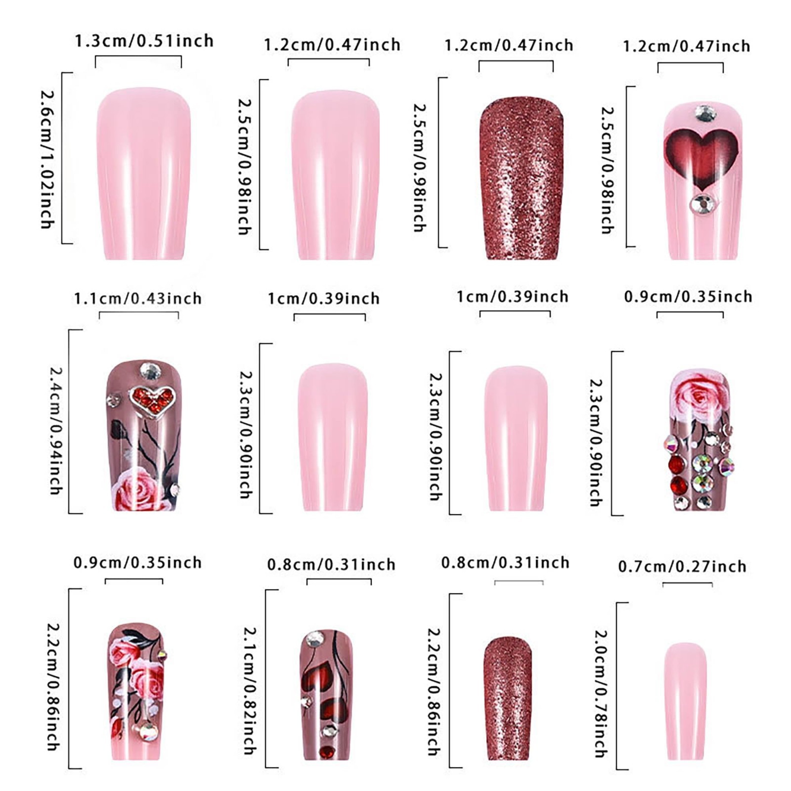 Rose Heart 3D Gem Handmade Press On Nails