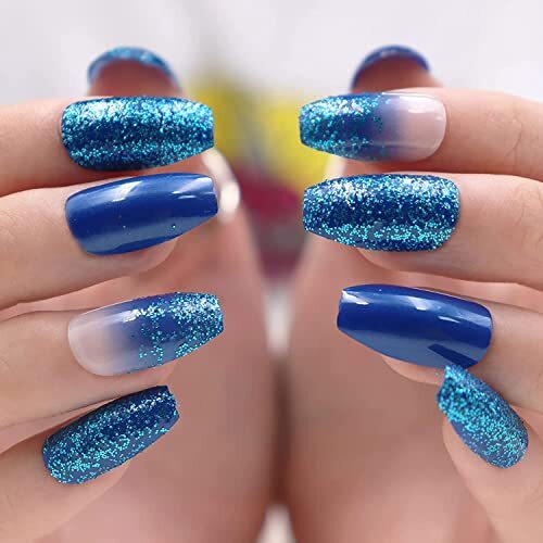 Medium Coffin Press on Nails, Blue Ombre Fake Nails, Glossy Glue on 07001Blue
