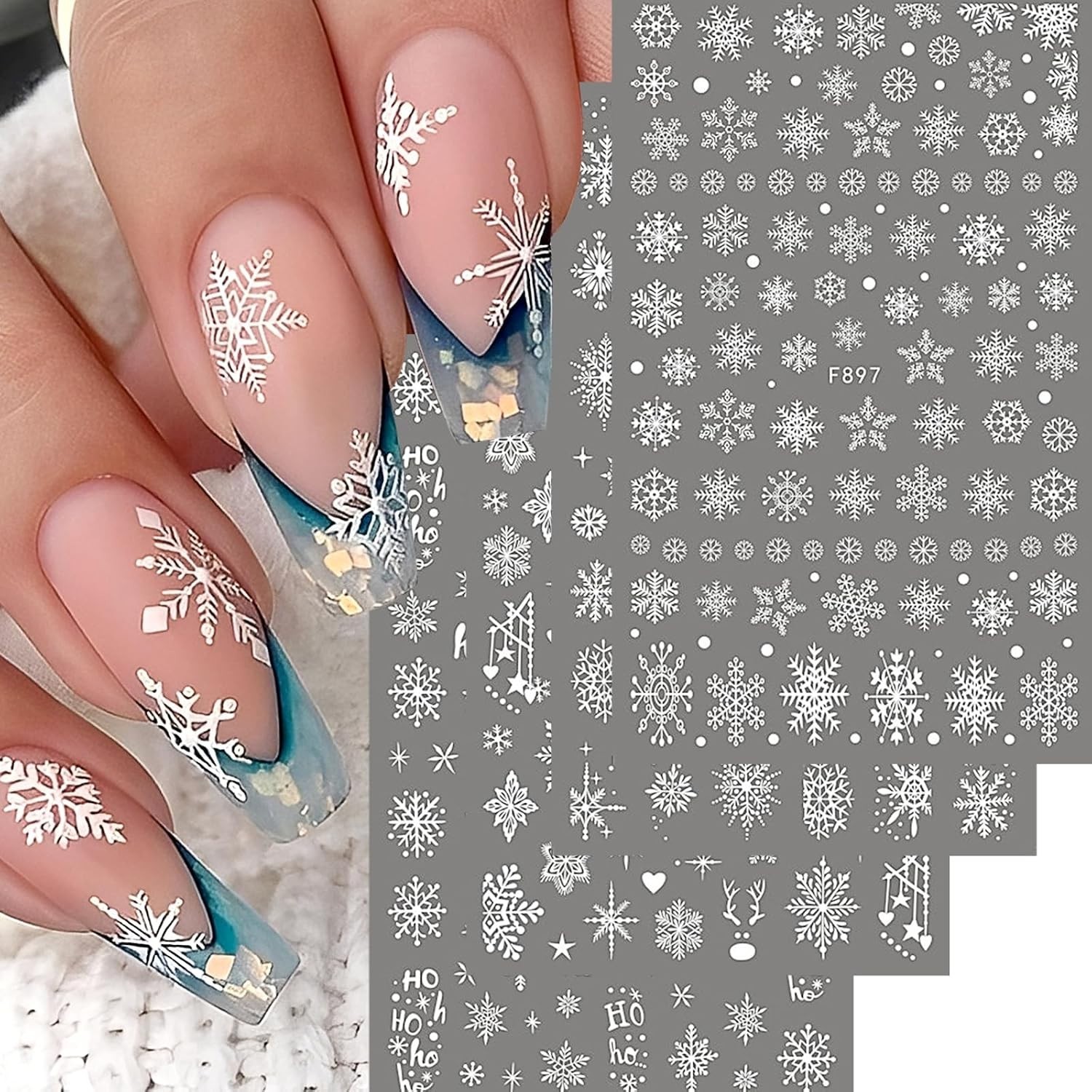 Nail Art Supplies: 8 Sheets of Winter Stickers with Snowflakes and Bells