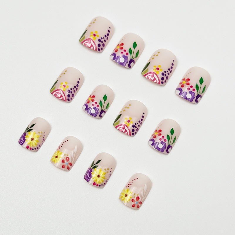 48pcs-Nude Nails with Hand-Painted Colorful Flowers, Leaves and Tiny Rhinestones