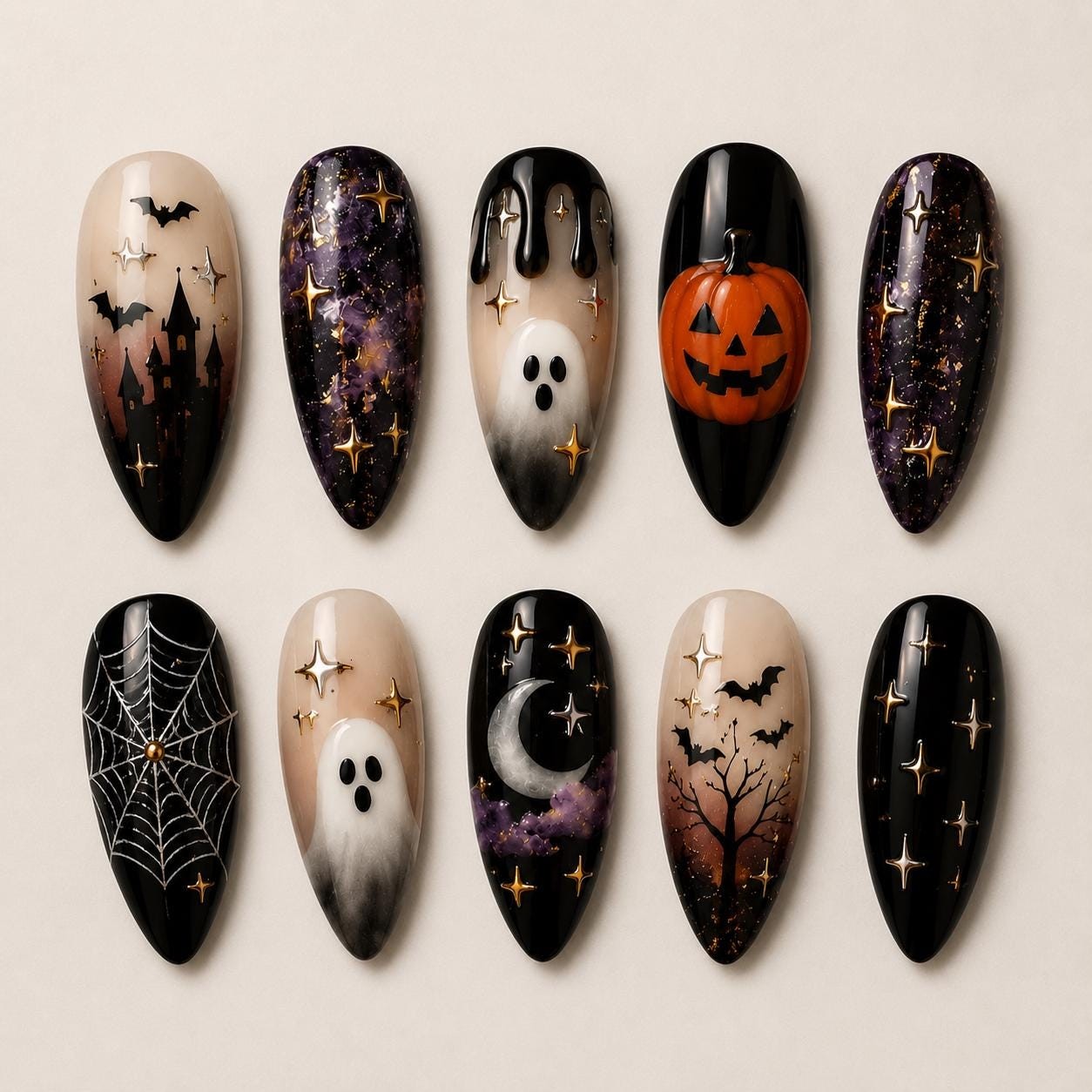 Custom Handmade Galaxy Halloween Ghost Pumpkin Castle Stiletto Press on Nails