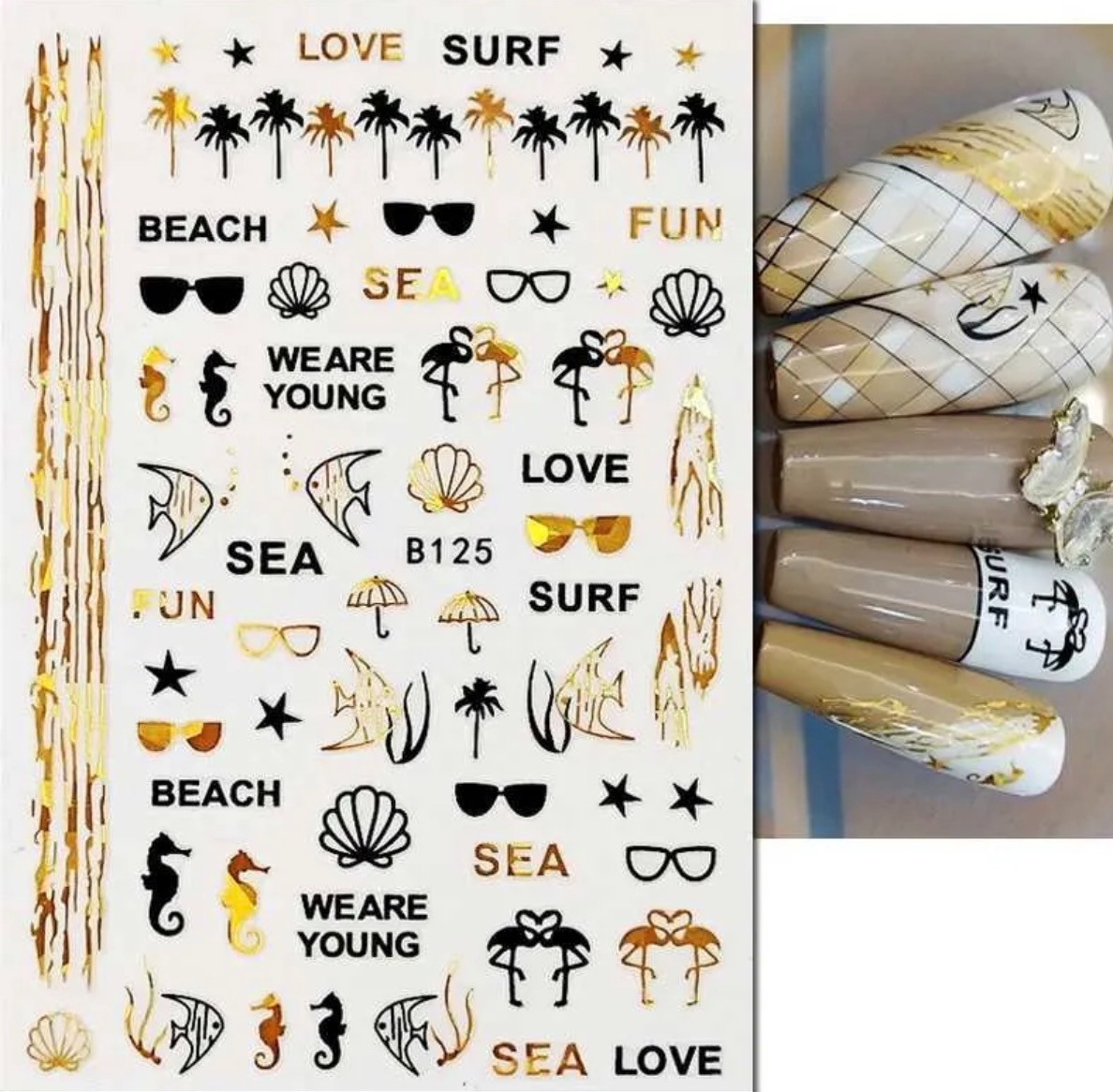 Nail Art Stickers BEAUTIFUL BLACK & GOLD HOLIDAYS , SEA SUN SURF B125