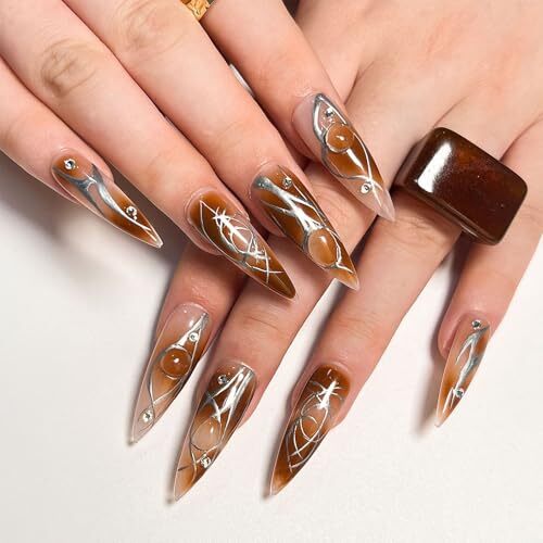 Fall Press on Nails Long Almond Fake Nails 1 Fl Oz (Pack of 1) Ombre Brown