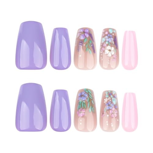 French Flower Press on Nails Coffin Medium Fake Nails Glossy Purple Style 6