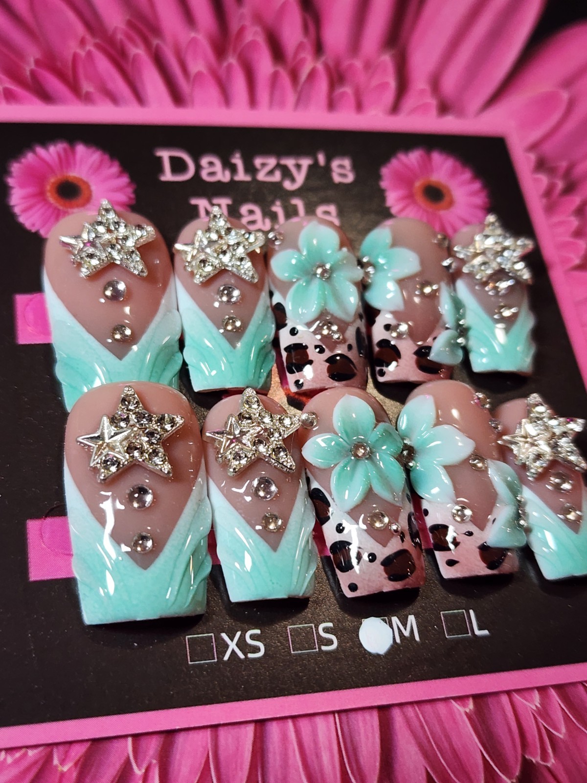 Medium Size Mint Green Star 3D Floral Nail Set Handmade Square 2.5 Cm Length