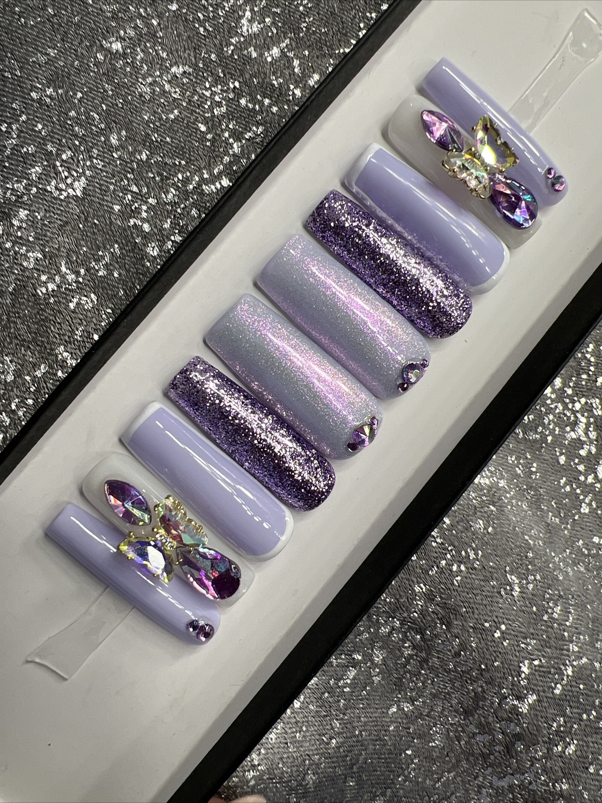 🖤 CUSTOM Gel Press On Nails, HEART BLING , 10p set FULL SET W Kit LONG SQUARE