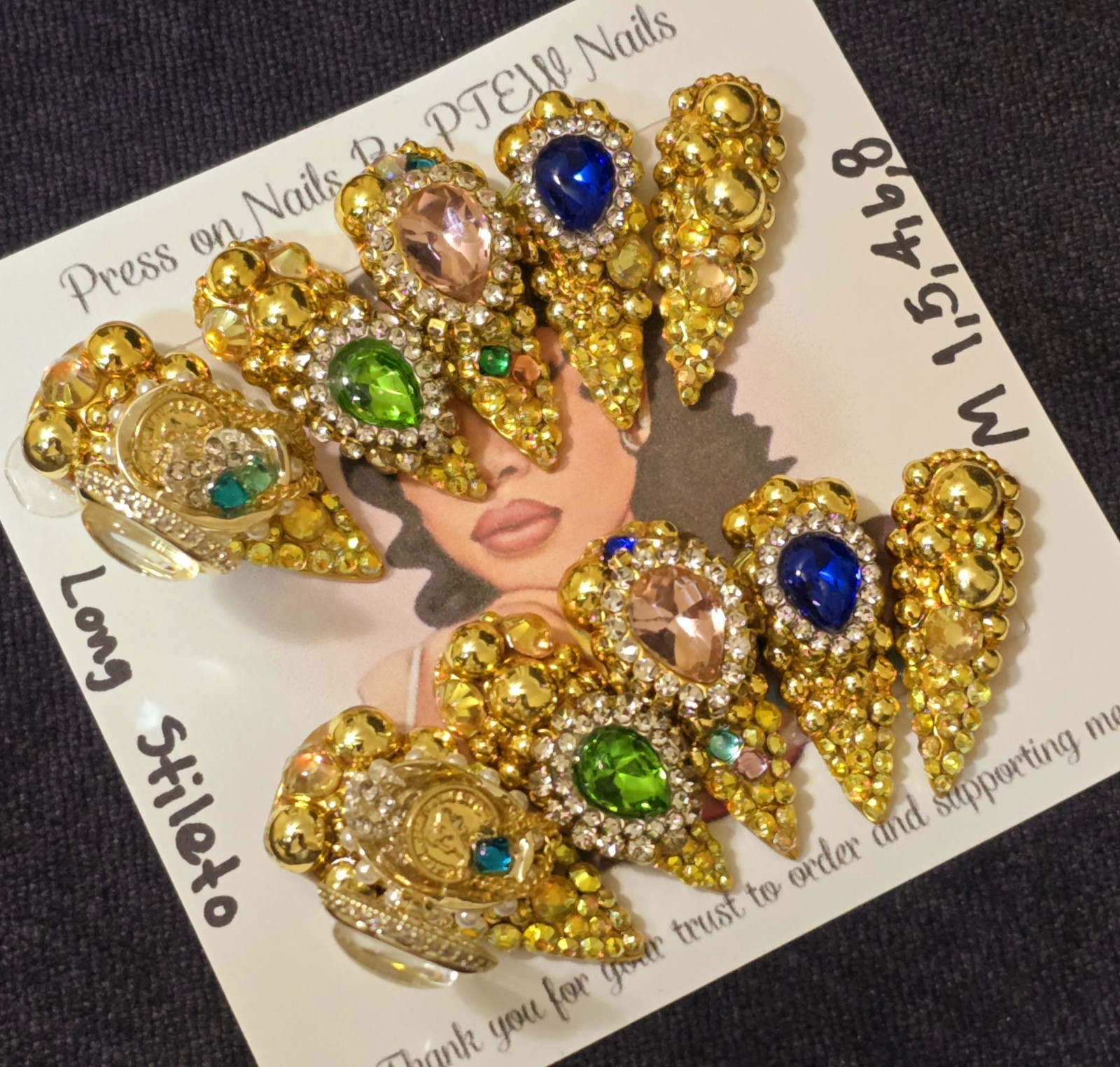 Handmade Press On Nails,Luxury Richy Girl,Medium Size 1,5,4,6,8 Long Stiletto