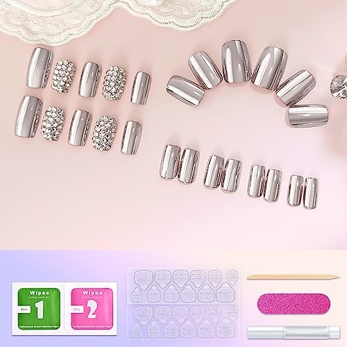 24 Pcs Glitter Rhinestones Metallic Silver Press on Nail bling square silver