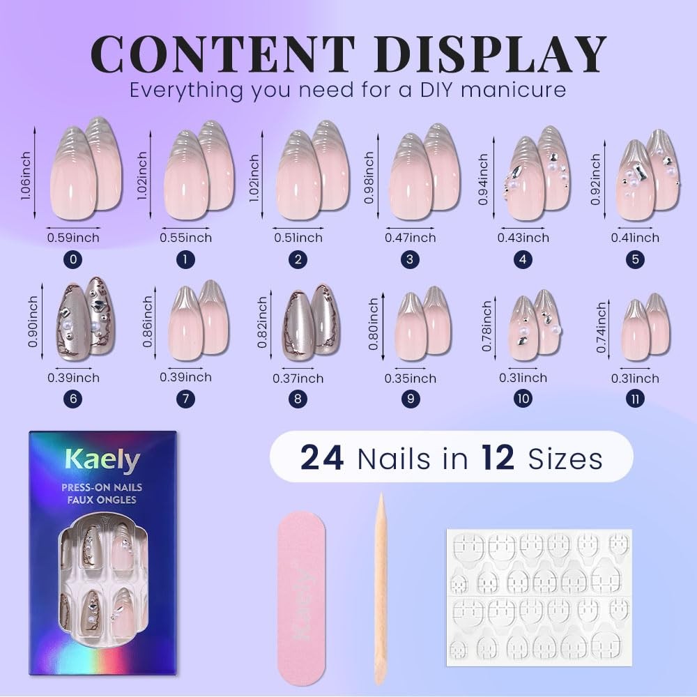evpct Nude Pink Short Almond 3D Wave Pearl Press on Nails