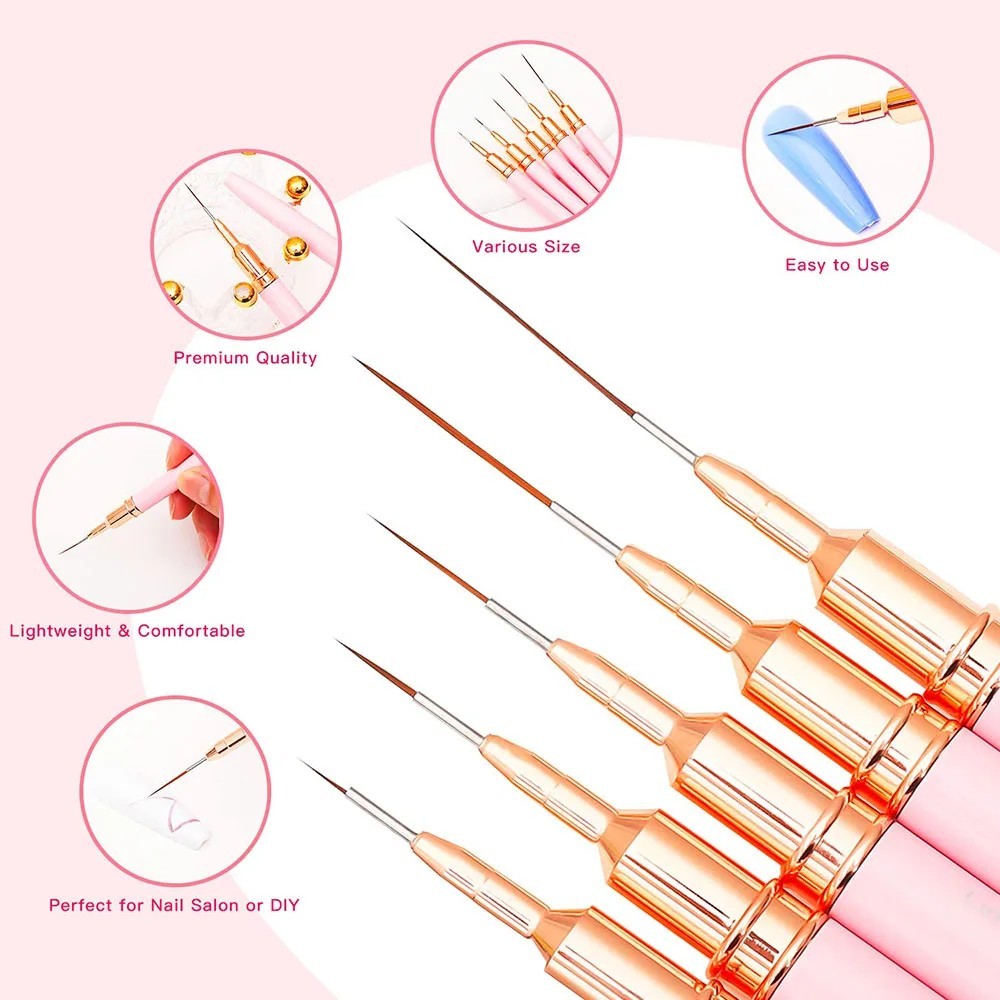 5Pcs Nail Art Liner Brushes Fine Detail Drawing Painting Pens Set 7/9/11/15/25mm