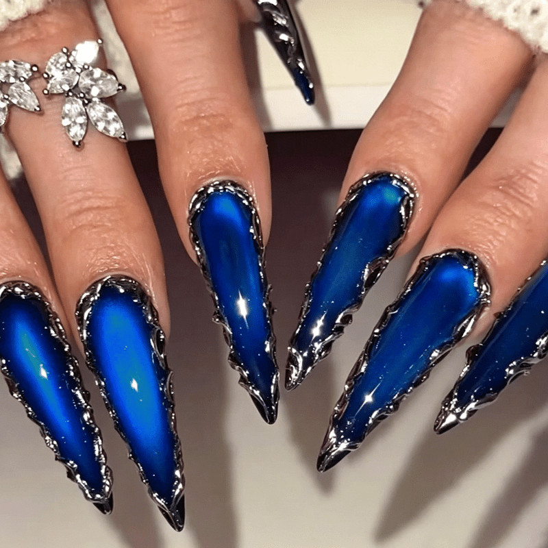48pcs Stiletto Press on Nails, Royal Blue Mirror Silver Rim Luxury Nails