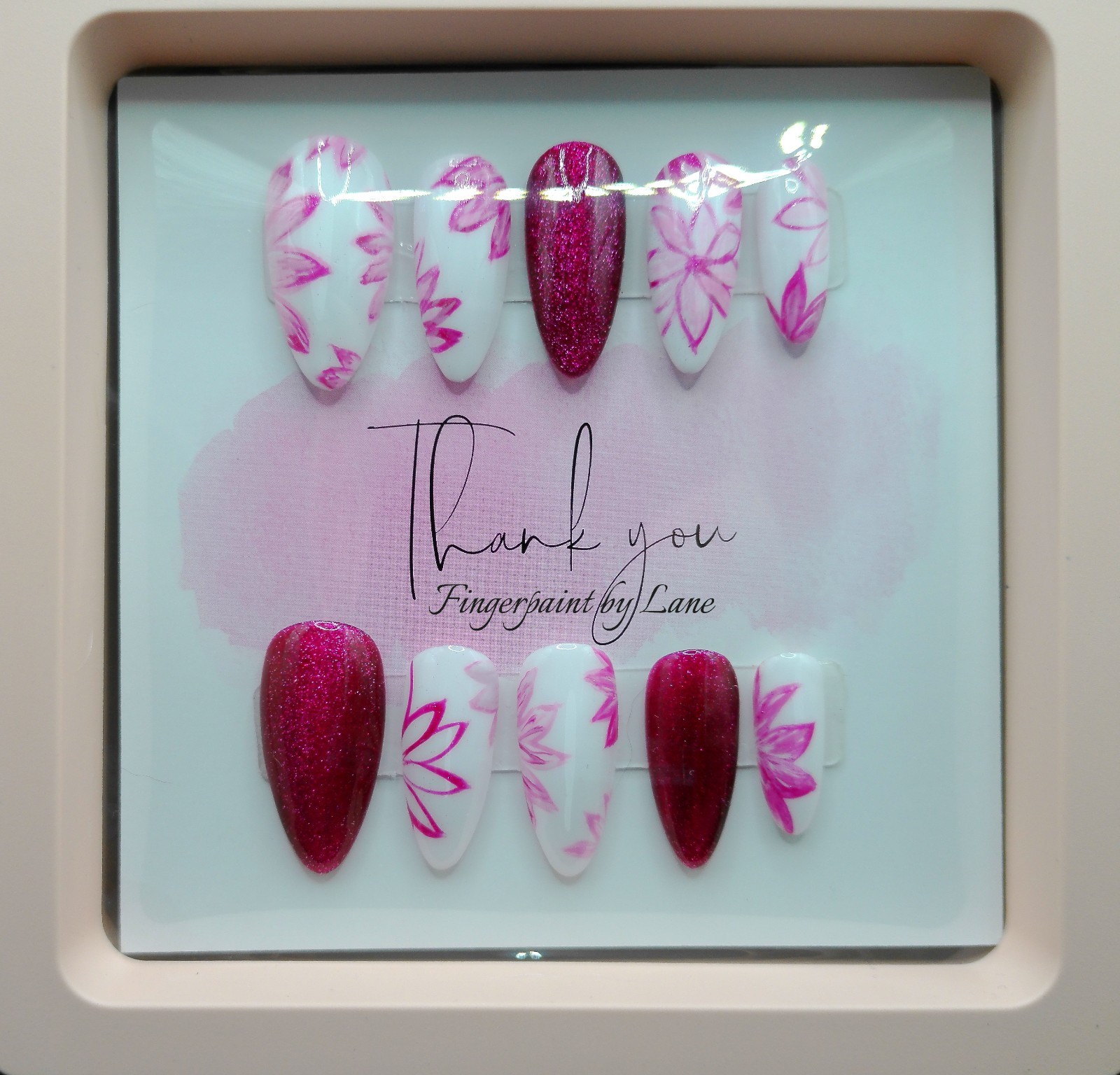 Almond Floral and Dark Pink Cat Eye Press On Nails – Medium Size